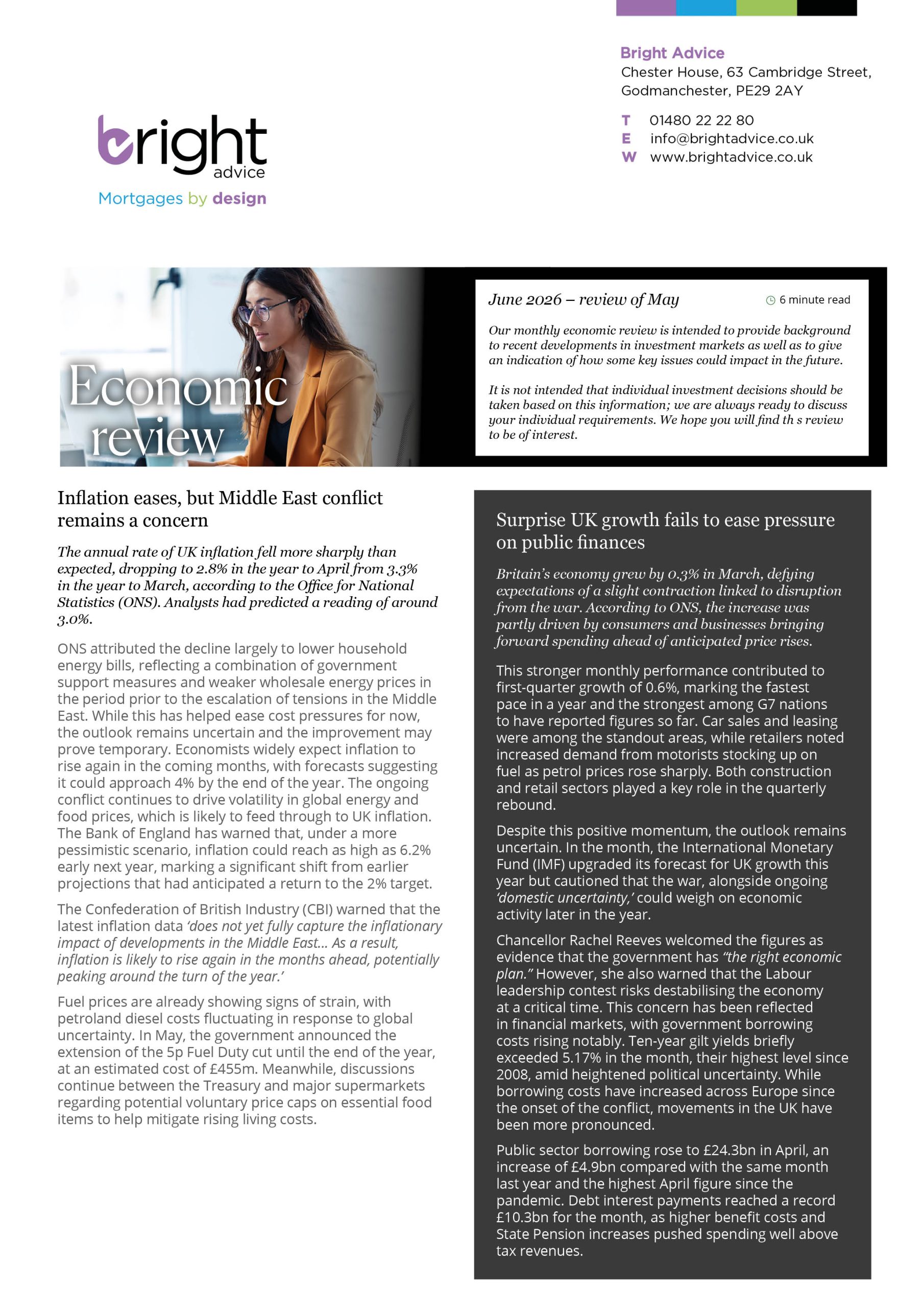Bright Advice - June 2026 Bright Advice Economic Review June 2026 newsletter cover image with UK financial news articles.