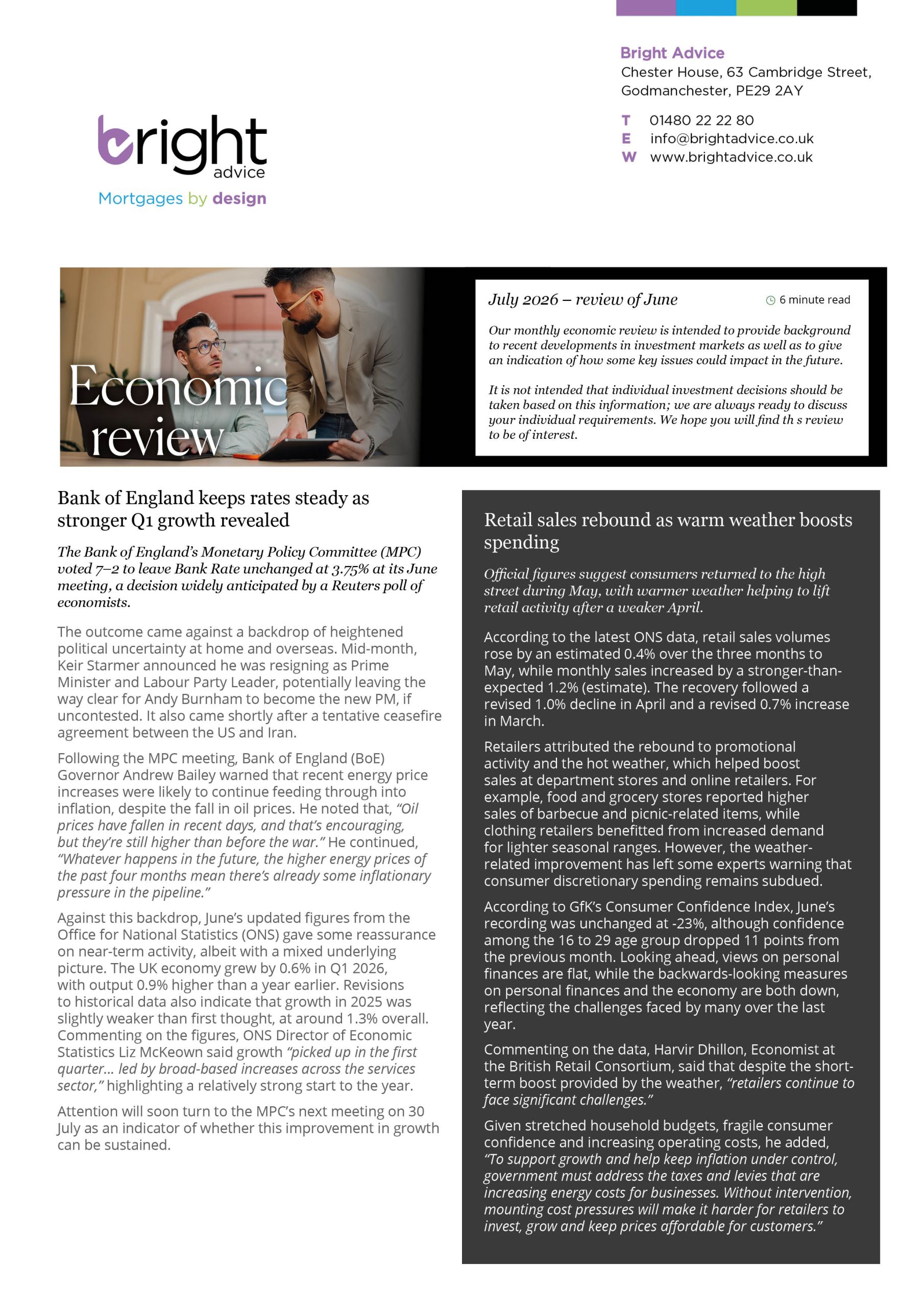 Bright Advice - July 2026 Bright Advice Economic Review June 2026 newsletter cover image with UK financial news articles.
