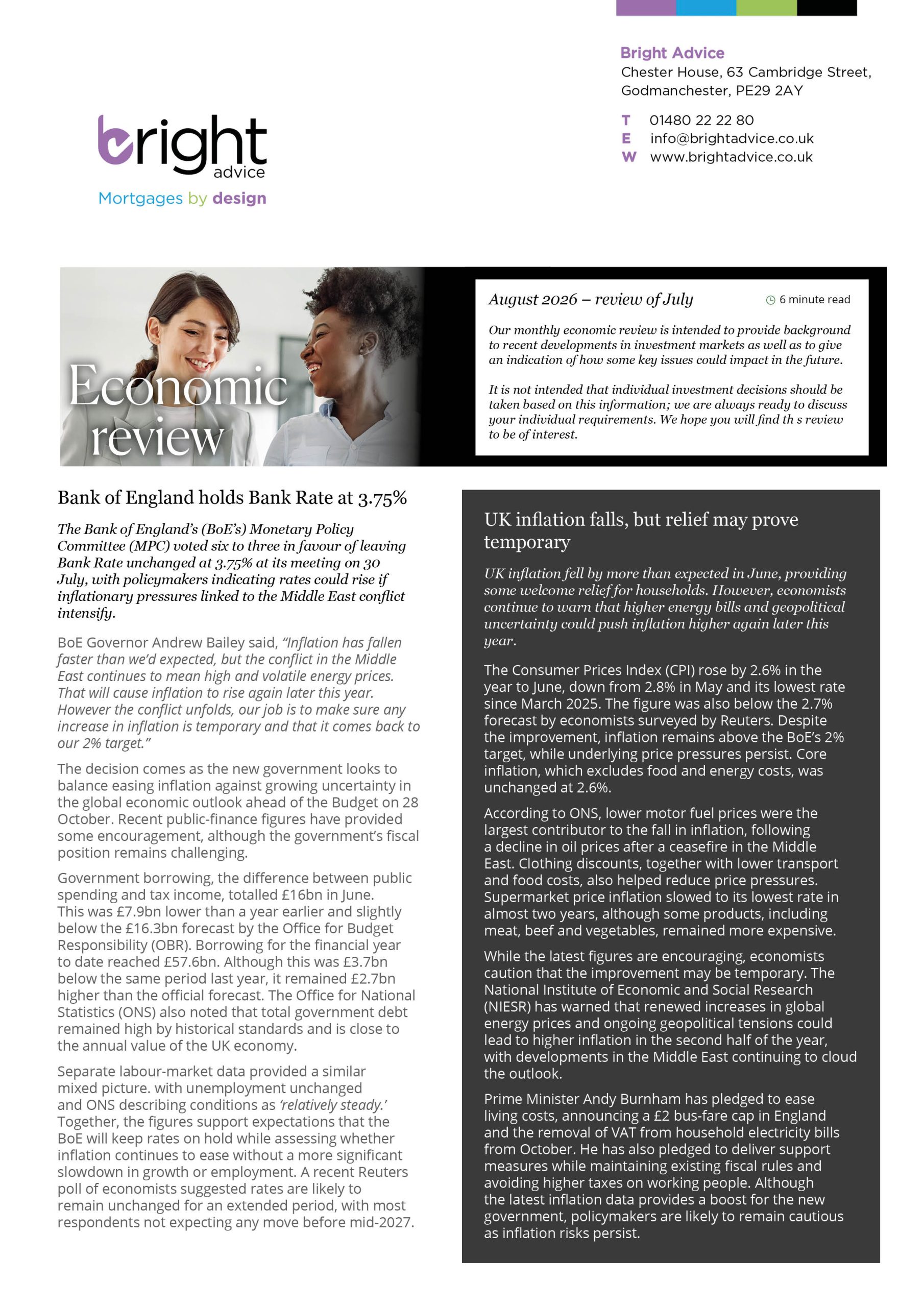 Bright Advice - August 2026 Bright Advice Economic Review August 2026 newsletter cover regarding UK inflation and bank rates.
