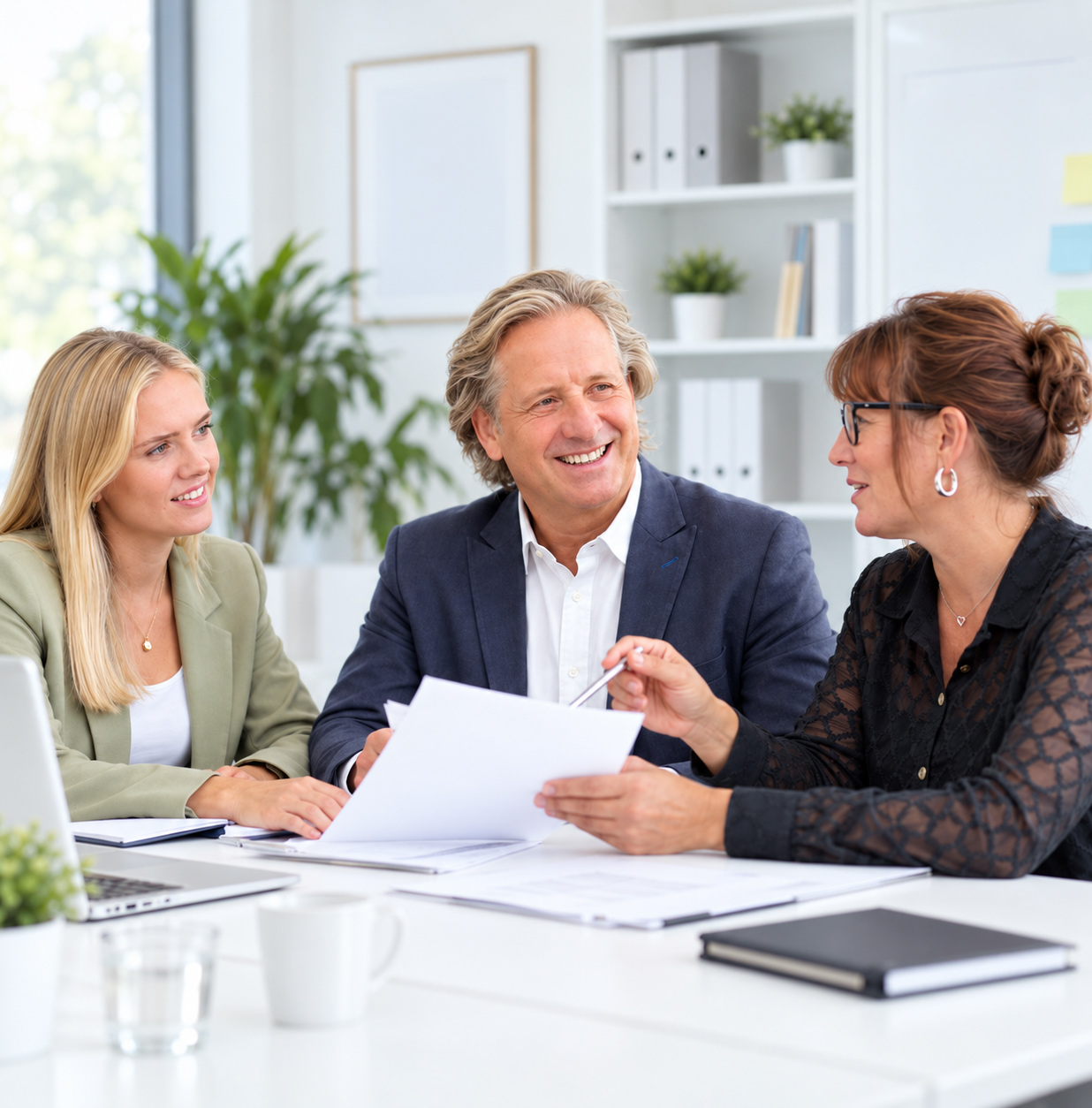 Sarah-Andrew-Katie-meeting Bright Advice mortgage advisers Sarah, Andrew, and Katie discussing financial paperwork in a meeting.